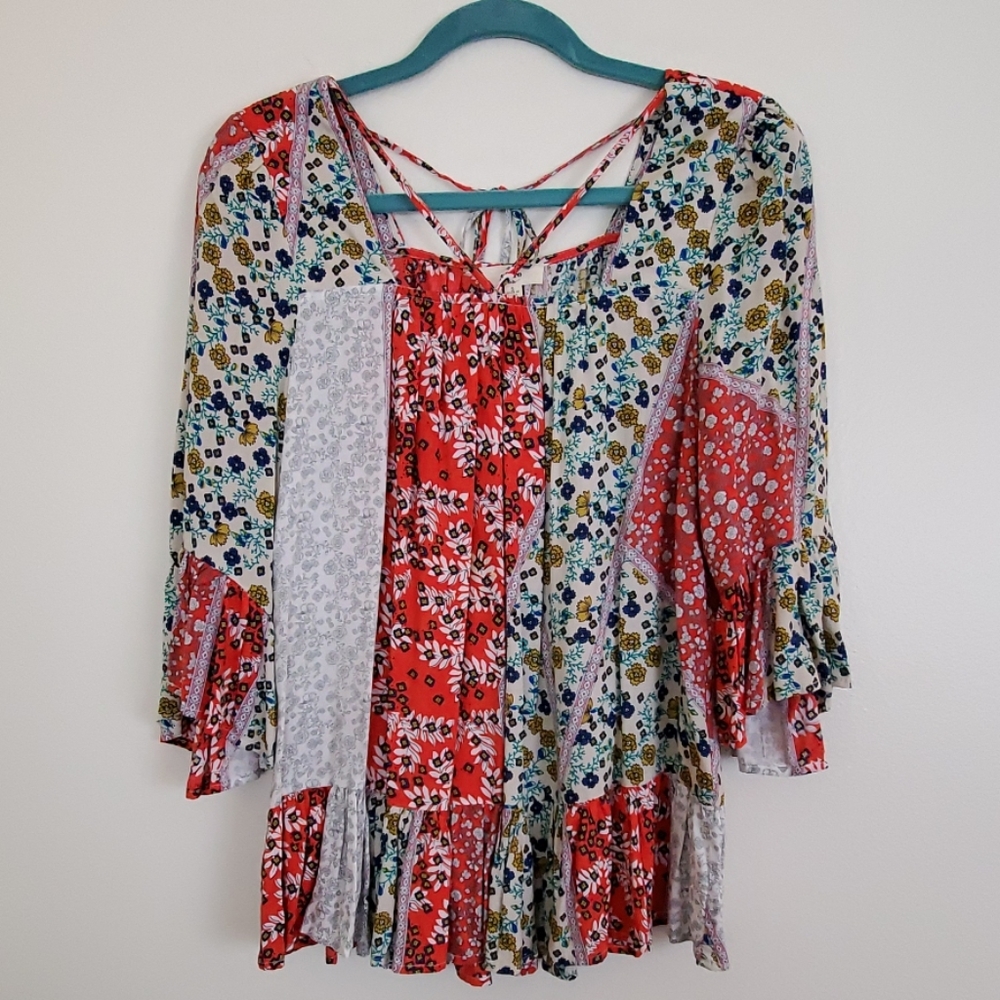 Entro Red, Blue & White Patchwork Fabric Boho Top… - image 1